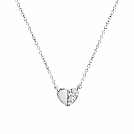 925 Sterling Silver Rhodium Plated Moissanite Half Pavé Heart Pendant Adjustable Necklace