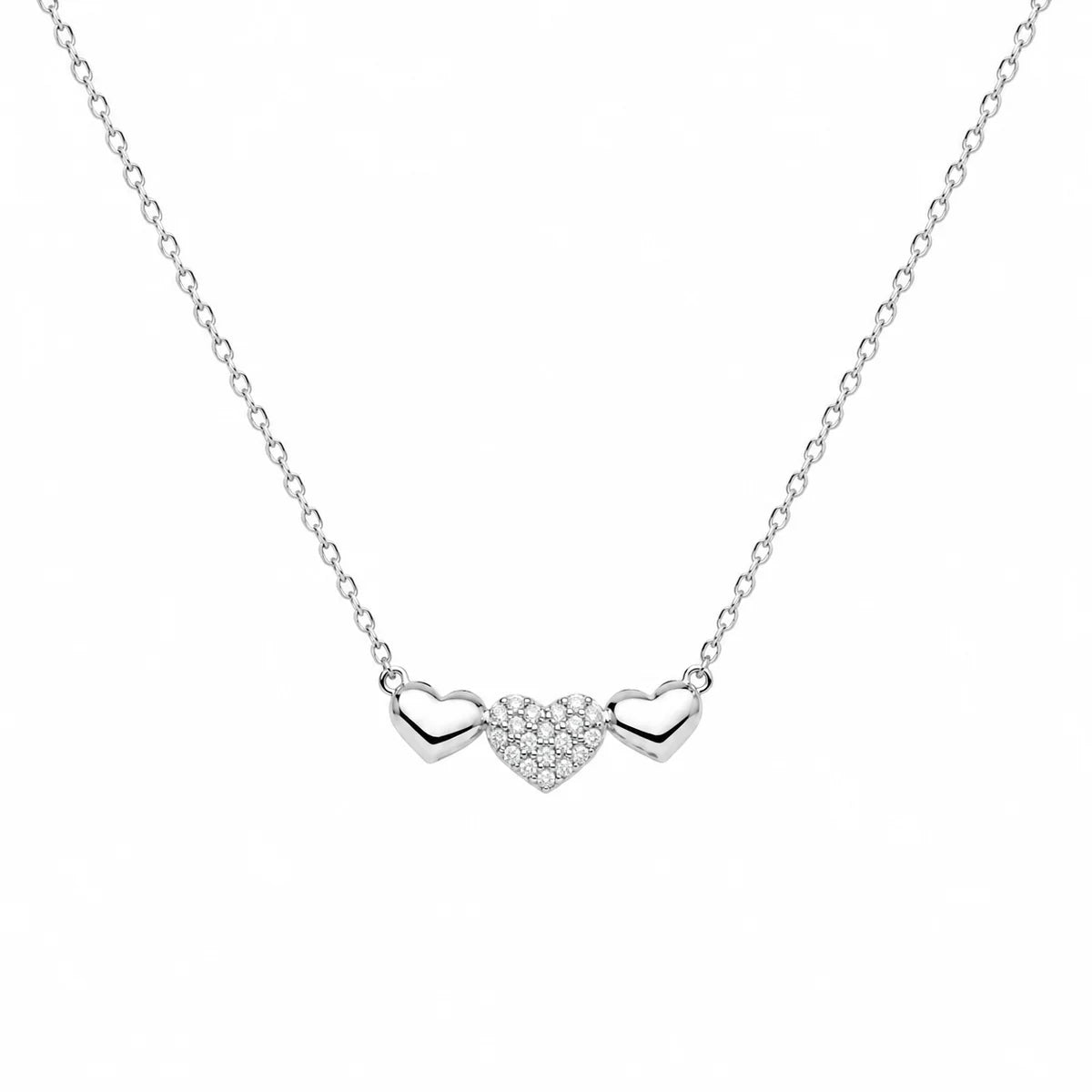 925 Sterling Silver Rhodium Plated Moissanite Triple Heart Pave Necklace