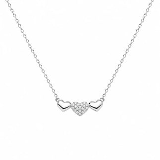 925 Sterling Silver Rhodium Plated Moissanite Triple Heart Pave Necklace