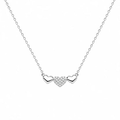 925 Sterling Silver Rhodium Plated Moissanite Triple Heart Pave Necklace