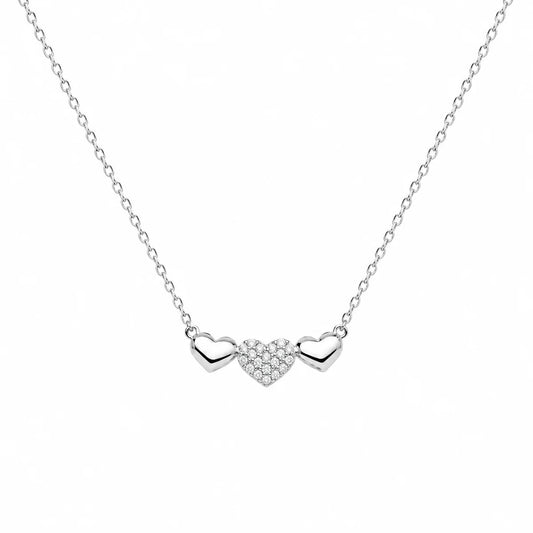 925 Sterling Silver Rhodium Plated Moissanite Triple Heart Pave Necklace
