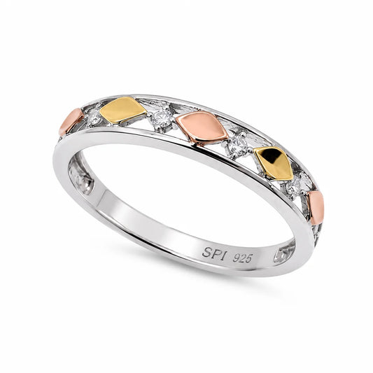 925 Sterling Silver Three-Tone Plated Moissanite Men's Faceted Geometric Ring