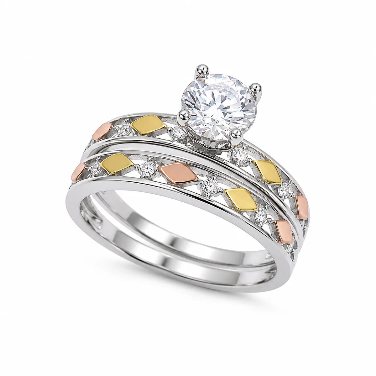 925 Sterling Silver Three-Tone Moissanite Diamond Cut Solitaire Ring
