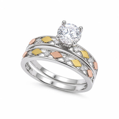 925 Sterling Silver Three-Tone Moissanite Diamond Cut Solitaire Ring