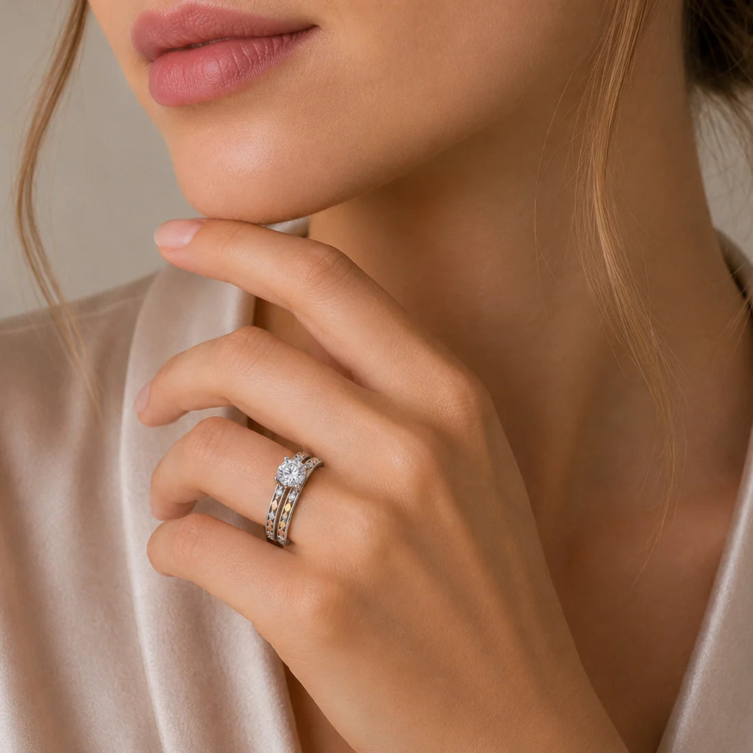 925 Sterling Silver Three-Tone Moissanite Diamond Cut Solitaire Ring