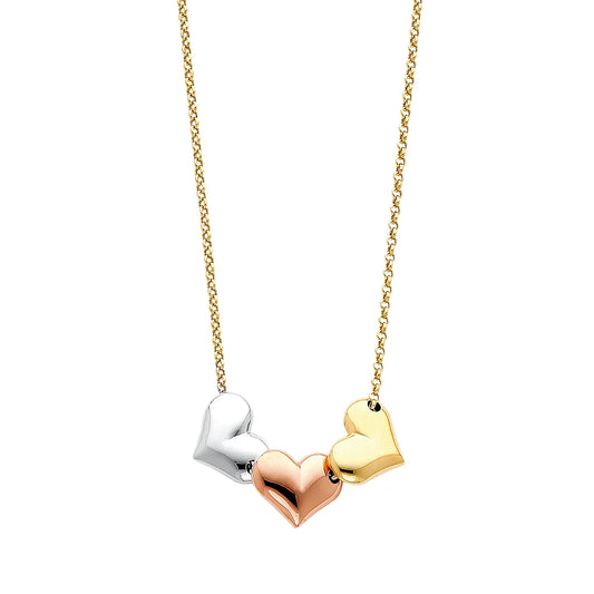 14K Tri-Color Gold Triple Heart Pendant Necklace Size 17"