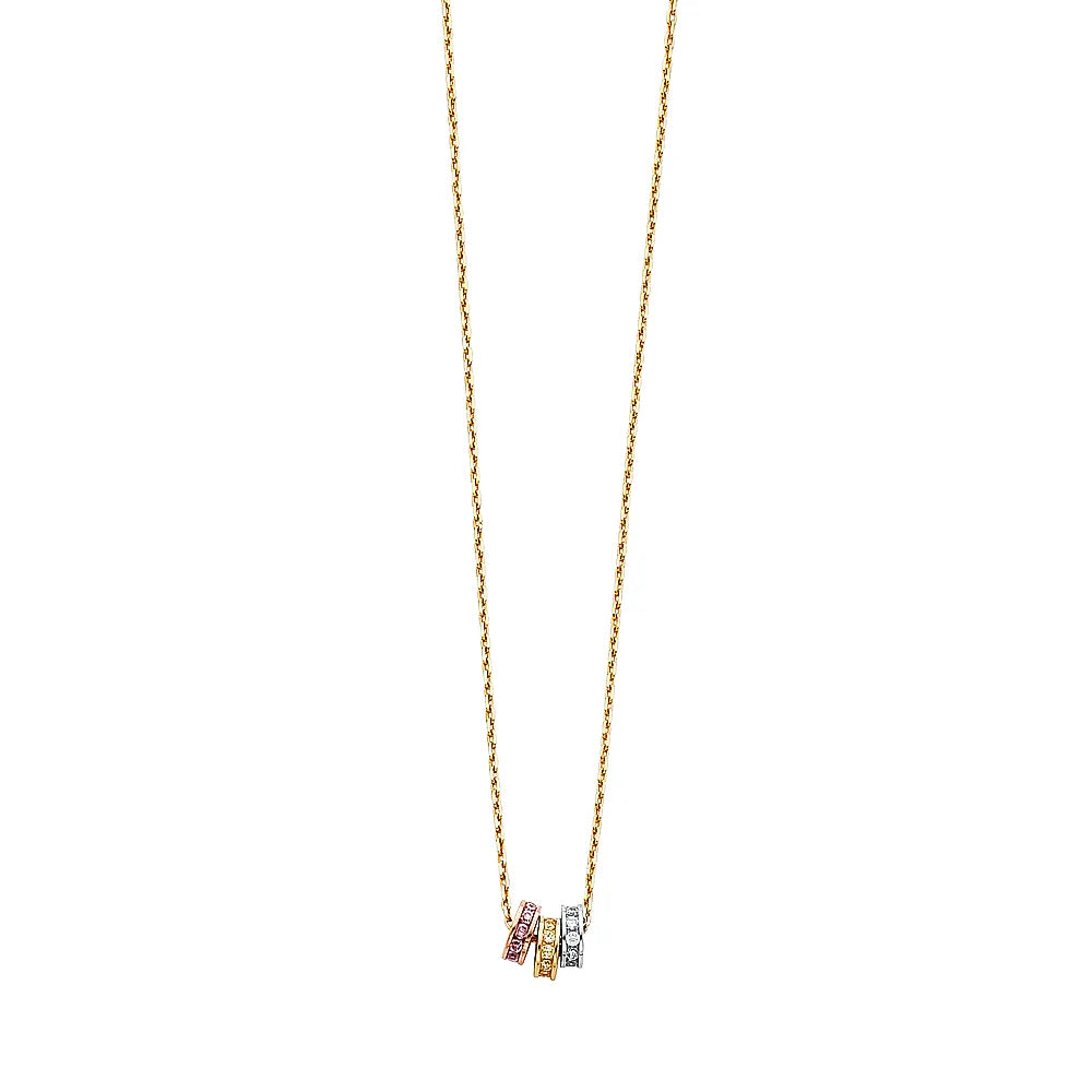 14K Tri-Color Gold Vertical Bar Pendant with CZ on Matching Chain size 17" + 1"