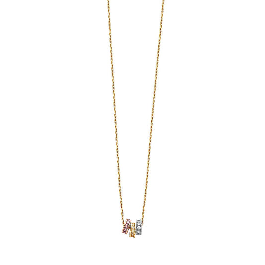14K Tri-Color Gold Vertical Bar Pendant with CZ on Matching Chain size 17" + 1"