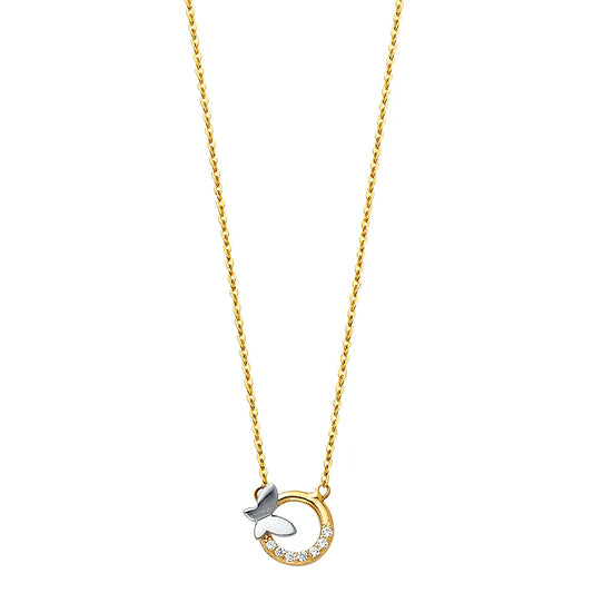 14K Two-Tone Gold Butterfly Circle CZ Pendant Necklace 17"+1" Extender