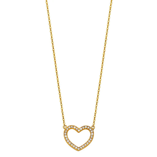 14K Yellow Gold Open Heart CZ Pendant Necklace 17"+1" Extender