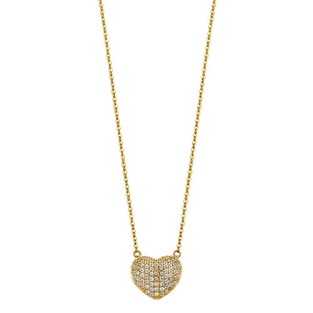 14K Yellow Gold Pave Heart CZ Pendant Necklace 17"+1" Extender