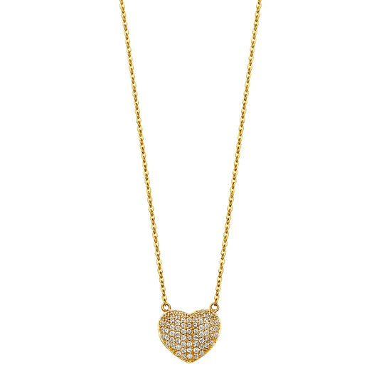 14K Yellow Gold Pave Heart CZ Pendant Necklace 17"+1" Extender