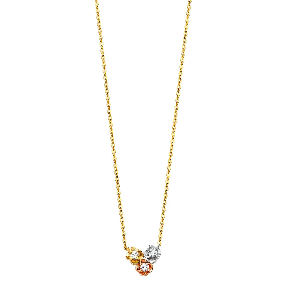 14K Tri-Color Gold Triple Flower CZ Pendant Necklace 17"+1" Extender