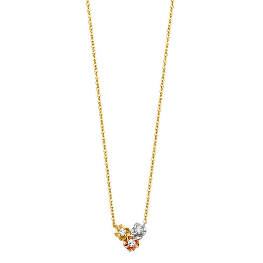 14K Tri-Color Gold Triple Flower CZ Pendant Necklace 17"+1" Extender
