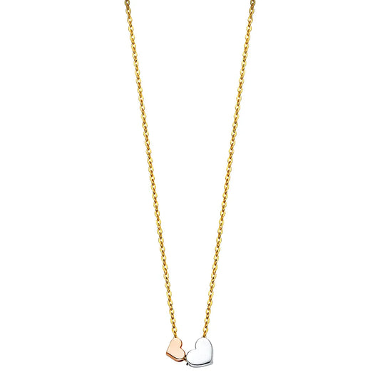 14K Tri-Color Gold Double Heart Pendant Necklace 17"+1" Extender