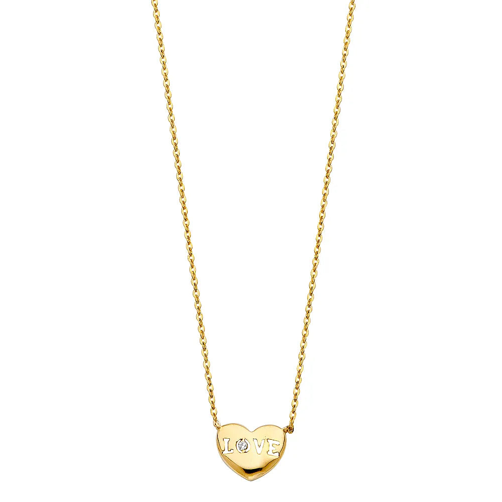 14K Yellow Gold Love Heart CZ Necklace 17"+1" Extender