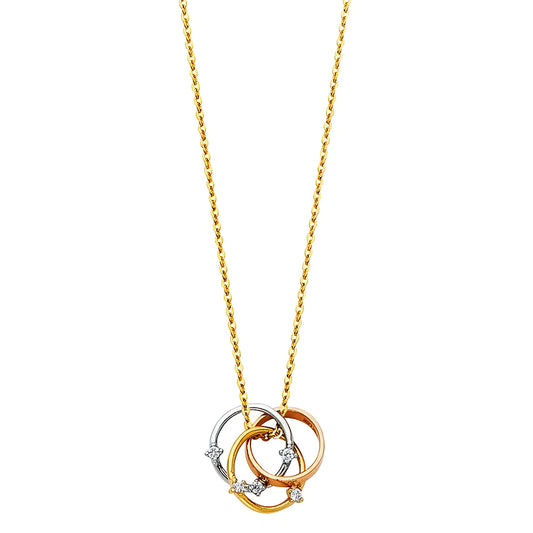 14K Tri-Color Gold Interlocking Circles Pendant with CZ on Cable Chain size 17" + 1"