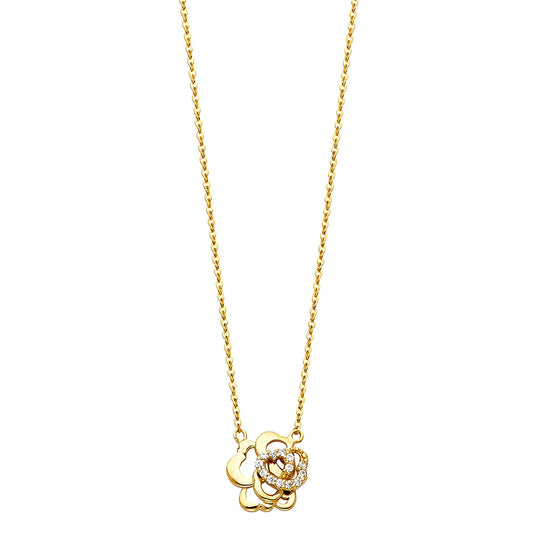 14K Yellow Gold Flower Heart Design CZ Necklace 17"+1" Extender