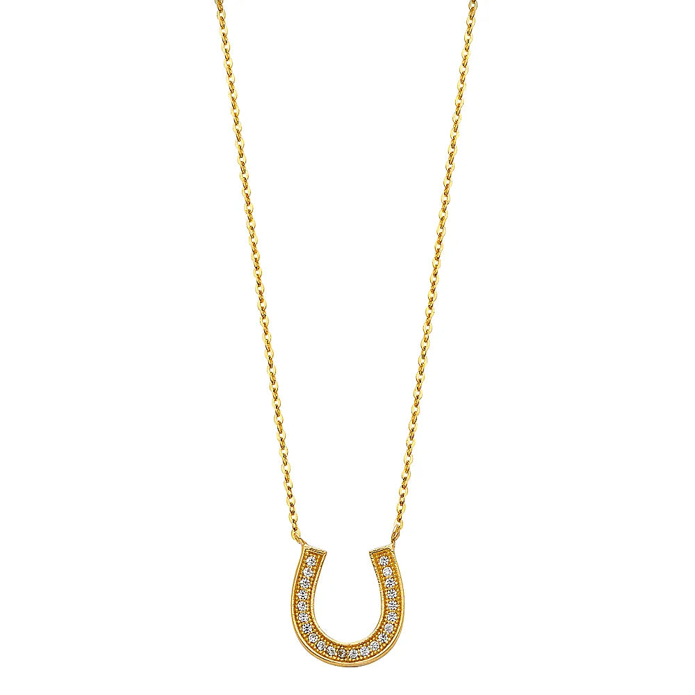 14K Yellow Gold Horseshoe CZ Pendant Necklace – 17" + 1" Extender