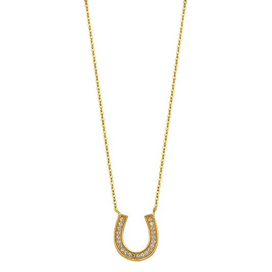 14K Yellow Gold Horseshoe CZ Pendant Necklace – 17" + 1" Extender