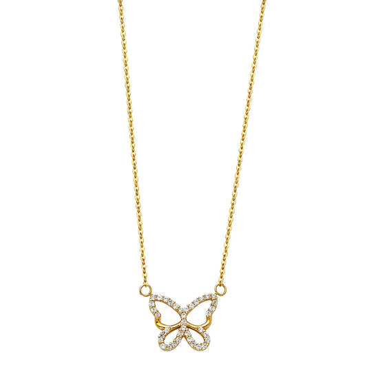 14K Yellow Gold Butterfly Design CZ Necklace 17"+1" Extender
