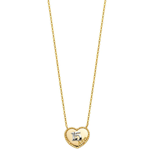 14K Two-Tone Gold Quinceañera Heart Necklace size 17"+1" Extender