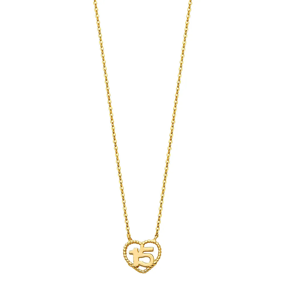 14K Yellow Gold Quinceañera Heart “15” Necklace 17"+1" Extender