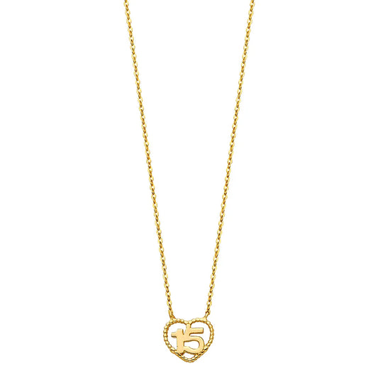 14K Yellow Gold Quinceañera Heart “15” Necklace 17"+1" Extender