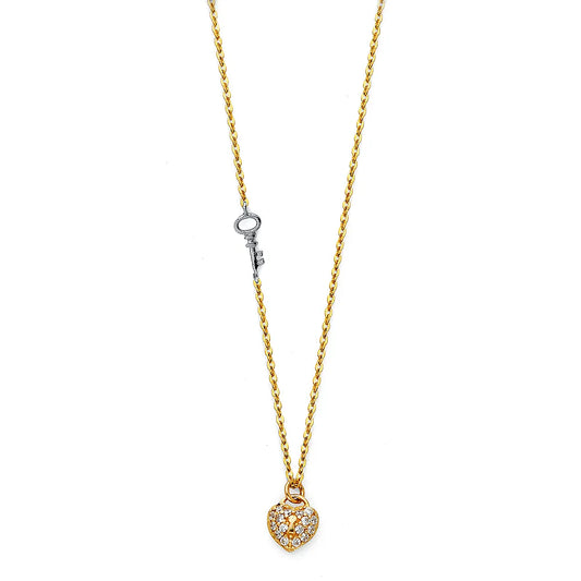 14K Two-Tone Gold Heart Key CZ Pendant Necklace 17"+1" Extender