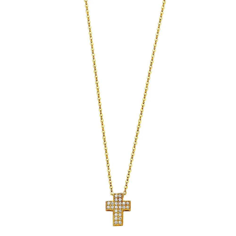 14K Yellow Gold CZ Cross Pendant on Cable Chain 17"+1" Extension