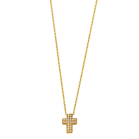 14K Yellow Gold CZ Cross Pendant on Cable Chain 17"+1" Extension
