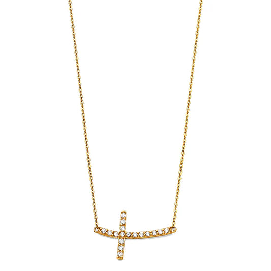 14K Yellow Gold Sideways CZ Cross Necklace 17"+1" Extension