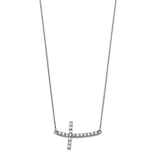 14K White Gold Sideways CZ Cross Necklace 17"+1" Extension