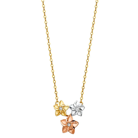 14K Tri-Color Gold Triple Flower CZ Pendant Necklace 17"+1" Extender