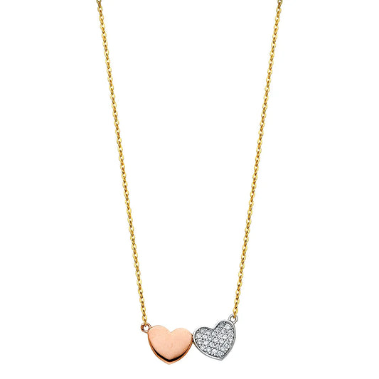 14K Tri-Color Gold Double Heart CZ Pendant Necklace 17"+1" Extender