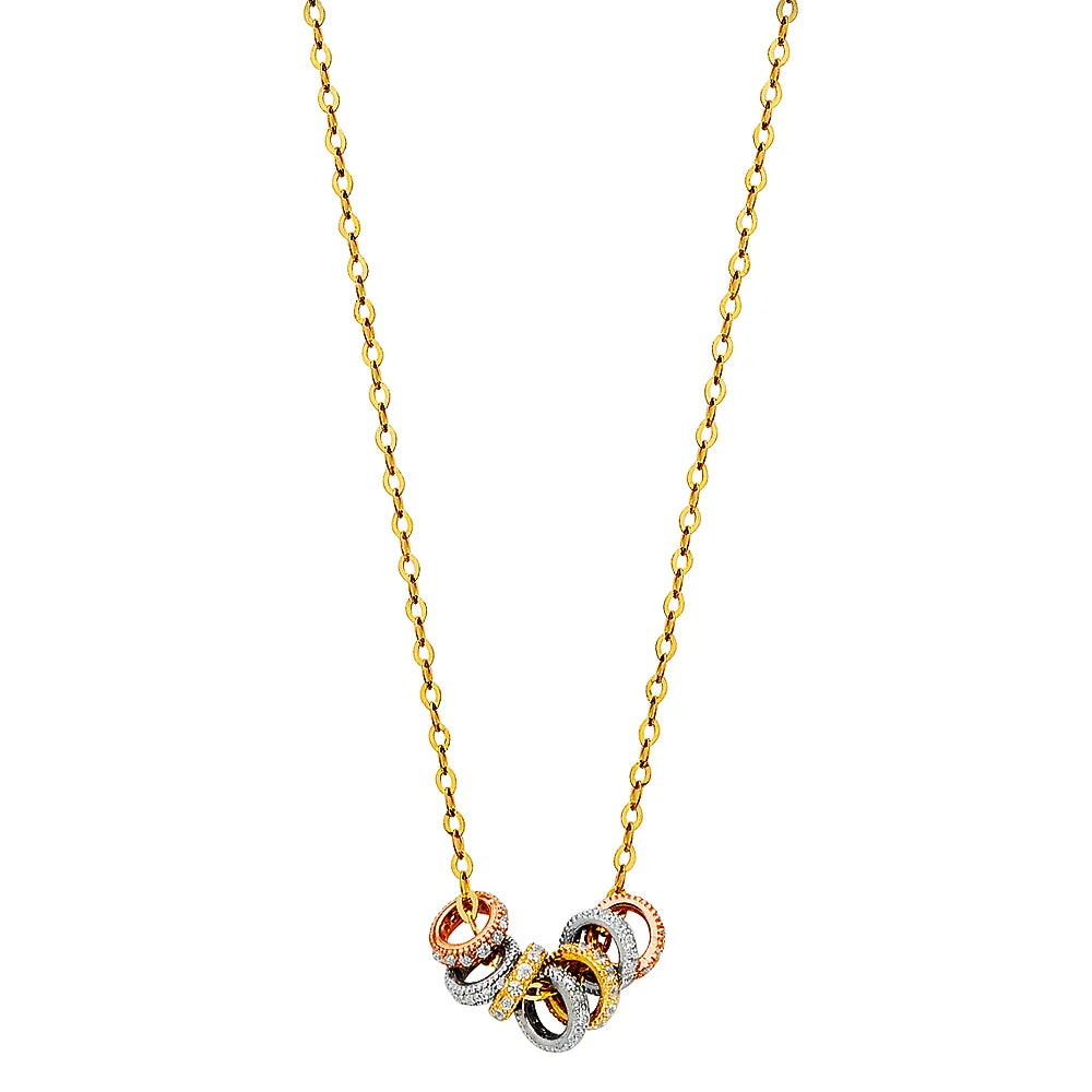 14K Tri-Color Gold Multi-Ring Pendant with CZ on Cable Chain size 17" + 1"