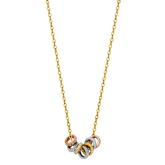 14K Tri-Color Gold Multi-Ring Pendant with CZ on Cable Chain size 17" + 1"
