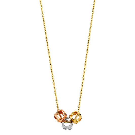 14K Tri-Color Gold Faceted Interlocking Pendant on Cable Chain size 17" + 1"