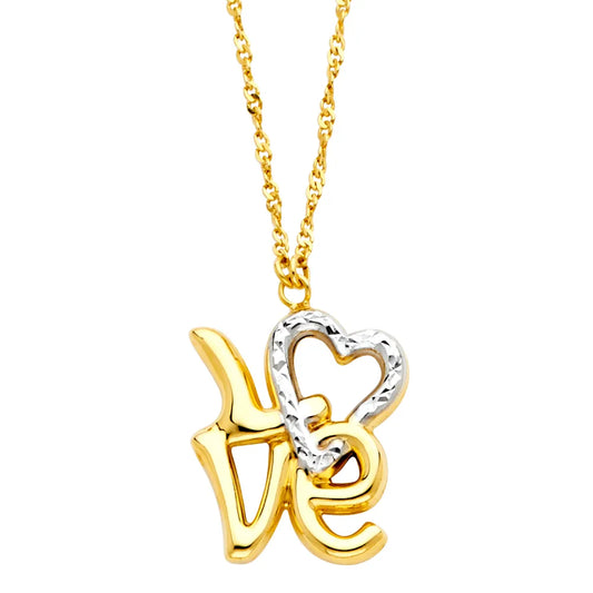 14K Two-Tone Gold Love Heart Pendant Necklace 17"+1" Extender
