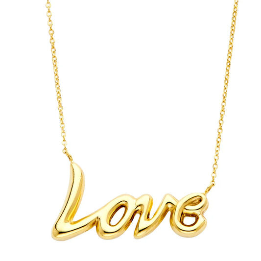 14K Yellow Gold Love Script Pendant Necklace 17"+1" Extender