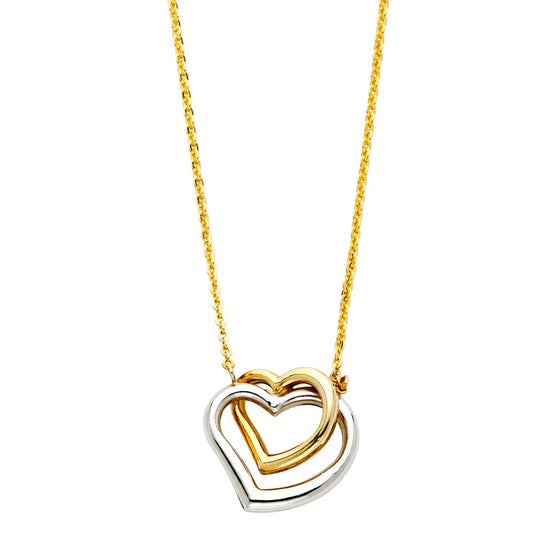 14K Two-Tone Gold Triple Open Heart Pendant Necklace 17"+1" Extender