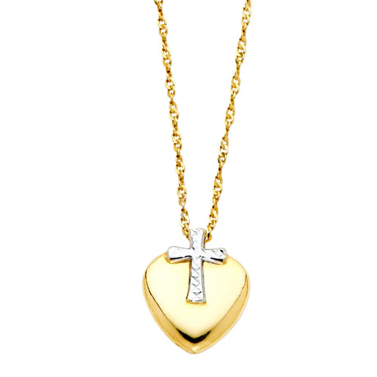 14K Two-Tone Gold Heart Pendant with Cross on Cable Chain 17"+1" Extension