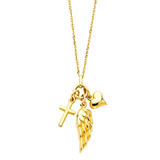 14K Yellow Gold Multi-Charm Pendant Necklace with Cross, Heart & Angel Wing 17"+1" Extension