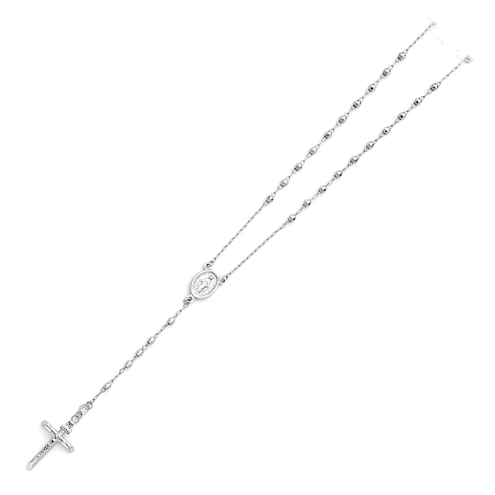 3.0mm 14K White Gold Mirrorball DC Rosary Necklace with Miraculous Virgin Medallion 26 in