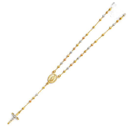 3.0mm 14K Tri-Color Gold Moon Cut Rosary Necklace with Virgin Guadalupe Medallion 18 in