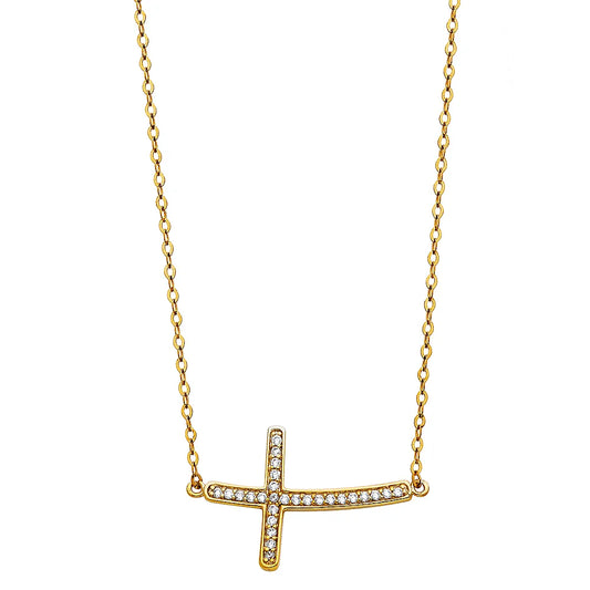 14K Yellow Gold Sideways CZ Cross Necklace 17"+1" Extension