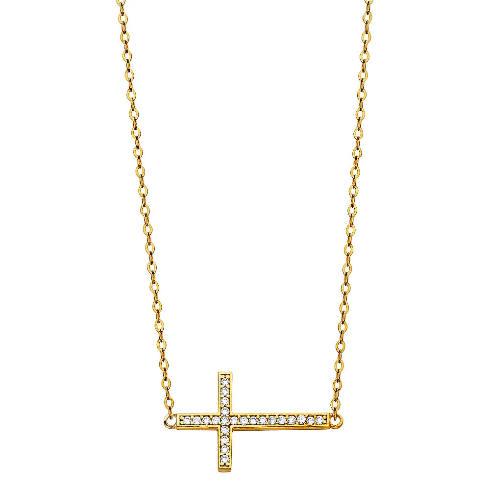 14K Yellow Gold Sideways CZ Cross Necklace 17"+1" Extension