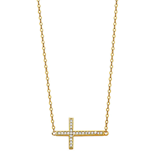 14K Yellow Gold Sideways CZ Cross Necklace 17"+1" Extension