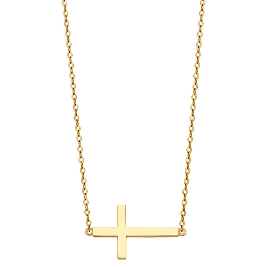 14K Yellow Gold Sideways Cross Necklace 17"+1" Extension
