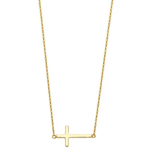 14K Yellow Gold Sideways Cross Necklace 17"+1" Extension